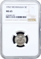 Никарагуа 5 сентаво 1952 г., NGC MS65, "Кордоба (1912 - 1990)"  Top Pop 3/0