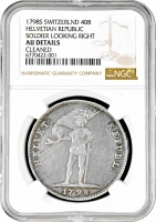 Швейцария 40 батценов 1798 г. S, NGC AU Det., "Гельветическая Республика (1798 - 1803)"
