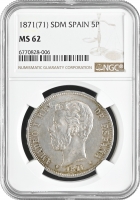 Испания 5 песет 1871 (71) г. SDM, NGC MS62, "Король Альфонсо XII (1874 - 1885)"