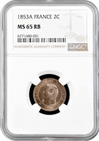 Франция 2 сантима 1853 г. A, NGC MS65 RB, "Император Наполеон III (1852 - 1870)"