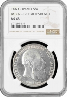 Баден 5 марок 1907 г., NGC MS63, "Смерть Фридриха I"
