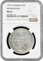 Веймарская Республика 5 рейхсмарок 1927 г. A, NGC MS64, "100 лет Бремерхафену"