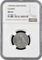 Бельгия 1 франк 1928 г. Flemish, NGC MS64, "Король Альберт I (1910 - 1934)" Top Pop 1/0