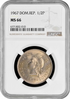 Доминикана 1/2 песо 1967 г., NGC MS66, "Доминиканская Республика (1937 - 2022)"