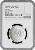 Вьетнам 100 донгов 1986 г., NGC MS68, "Олимпийские Игры, Калгари - Лыжник"