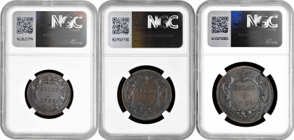 Горица 1, 2, 3 сольдо 1733-34 г., NGC MS70 BN RESTRIKE, "Графство Горица и Градишка (1733 - 1802)"