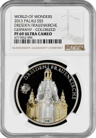 Палау 5 долларов 2013 г., NGC PF69 UC, "Мир чудес - Фрауэнкирхе в Дрездене"