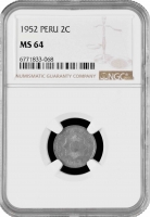 Перу 2 сентаво 1952 г., NGC MS64, "Республика Перу (1918 - 1985)" Top Pop 1/0