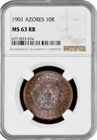 Азорские острова 10 рейсов 1901, NGC MS63 RB, "Португальская Администрация (1848 - 1901)"