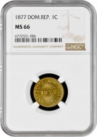 Доминикана 1 сентаво 1877 г., NGC MS66, "Доминиканская Республика (1844 - 1897)" Pop 3/1