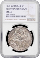 Швейцария 5 франков 1865 г., NGC MS64, "Стрелковый фестиваль в Шаффхаузене"