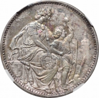 Швейцария 5 франков 1865 г., NGC MS64, "Стрелковый фестиваль в Шаффхаузене"