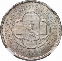 Швейцария 5 франков 1865 г., NGC MS64, "Стрелковый фестиваль в Шаффхаузене"