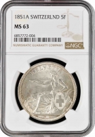 Швейцария 5 франков 1851 г. A, NGC MS63, "Швейцарская Конфедерация (1850 - 1916)"