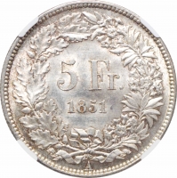 Швейцария 5 франков 1851 г. A, NGC MS63, "Швейцарская Конфедерация (1850 - 1916)"