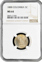 Колумбия 5 сентаво 1888 г., NGC MS64, "Республика Колумбия (1886 - 1914)" Top 1/0