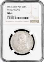 Папская область 50 байокко 1853 г. R, NGC MS61, "Папа Пий IX (1846 - 1878)"