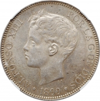Іспанія 5 песет 1899 SGV, NGC MS62, "Король Альфонсо XIII (1886 - 1931)"