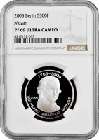 Бенин 500 франков 2005 г., NGC PR69 UC, "Вольфганг Амадей Моцарт" Top Pop 2/0