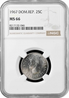 Доминикана 25 сентаво 1967 г., NGC MS66, "Доминиканская Республика (1937 - 2023)"