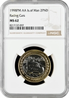 Остров Мэн 2 фунта 1998 г. PM AA, NGC MS62, "Гоночные автомобили"
