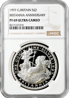 Великобритания 2 фунта 1997 г., NGC PF69 UC, "10-летие выпуска серии Британия"