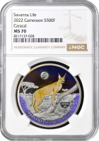 Камерун 500 франков 2022 г., NGC MS70, "Жизнь в саванне - Каракал" Top Pop