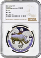 Камерун 500 франков 2022 г., NGC MS70, "Жизнь в саванне - Носорог" Top Pop