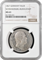 Шварцбург-Рудольштадт 1 талер 1867 г., NGC MS63, "Князь Фридрих Гюнтер (1807 - 1867)"