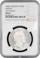 Саксонія 1 талер 1848 F, NGC MS62, "Король Фрідріх Август II (1836 - 1854)"