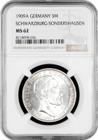 Шварцбург-Зондерсгаузен 3 марки 1909 A, NGC MS62, "Смерть Карла Гюнтера"