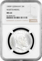 Вюртемберг 3 марки 1909, NGC MS64, "Король Вільгельм II (1891 - 1918)"
