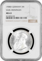 Саксен-Мейнинген 3 марки 1908 г. D, NGC MS63, "Герцог Георг II (1866 - 1914)"