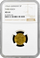 Німеччина - Третій рейх 5 рейхспфеннігів 1936 р. A, NGC MS64, "Нацистська Німеччина (1933 - 1945)"