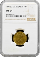 Німеччина - Третій рейх 10 рейхспфеннігів 1938 G, NGC MS64, "Нацистська Німеччина (1933 - 1945)"