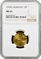 Німеччина - Третій рейх 10 рейхспфеннігів 1939 G, NGC MS63, "Нацистська Німеччина (1933 - 1945)"