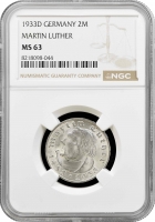 Німеччина - Третій рейх 2 рейхсмарки 1933 р. D, NGC MS63, "450 років від дня народження М. Лютера"