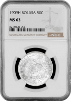 Болівія 50 сентаво 1909 H, NGC MS63, "Республіка Болівія (1870 - 1963)"