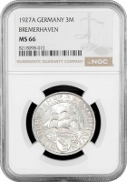 Веймарська Республіка 3 рейхсмарки 1927 р. A, NGC MS66, "100 років Бремерхафену"