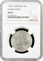 Веймарська Республіка 3 рейхсмарки 1929 р. A, NGC MS62, "10 років Веймарської конституції"