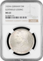 Веймарська Республіка 5 рейхсмарок 1929 р. A, NGC MS63, "200 років від дня народження Готхольда Лессінга"