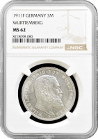 Вюртемберг 3 марки 1911 F, NGC MS62, "Король Вільгельм II (1891 - 1918)"