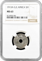 Німецька Східна Африка 5 гелерів 1913 J, NGC MS63, "Рупія (1904 - 1916)"