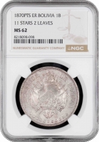 Боливия 1 боливиано 1870 г. PTS ER, NGC MS62, "Республика Боливия (1870 - 1963)"
