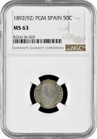 Испания 50 сентимо 1892 г. PGM, NGC NS63, "Король Альфонсо XIII (1886 - 1931)"