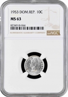 Доминикана 10 сентаво 1953 г., NGC MS63, "Доминиканская Республика (1937 - 2020)"