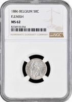 Бельгия 50 сантимов 1886 г. Flemish, NGC MS62, "Король Леопольд II (1865 - 1909)"