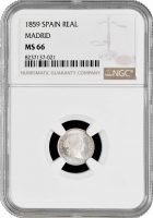 Испания 1 реал 1859 г., NGC MS66 MADRID, "Королева Изабелла II (1847 - 1864)" Top Pop