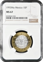 Мексика 10 песо 1993 г. Mo, NGC MS67, "Мексиканские Соединённые Штаты (1992 - 2023)" Top Pop