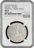 Бельгия 50 франков 1935 г. Flemish - Pos. A, NGC MS62, "100 лет железным дорогам Бельгии" KM# 107.2